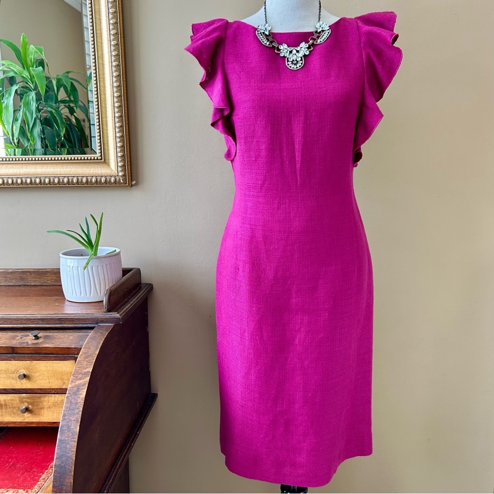 Giambattista Valli Pink Linen Flutter Sleeve Ruffle Dress Size 44 / US 8